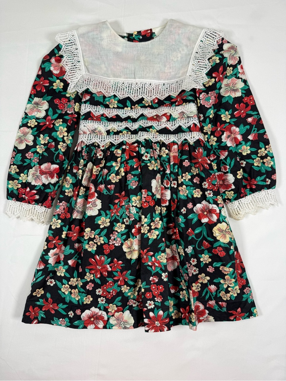 VINTAGE POLLY FLINDERS Girls Floral Prairie Lace Dress 4 Grannycore Cottage 80s